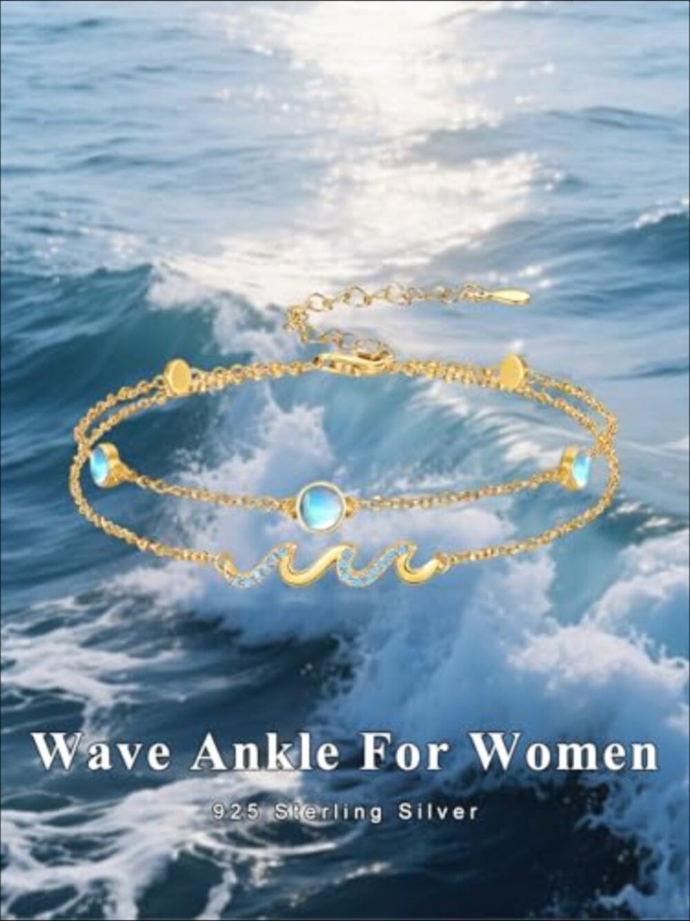925 Sterling Silver Wave Anklet with Moonstone, Ocean Jewelry - Picture 5 of 7